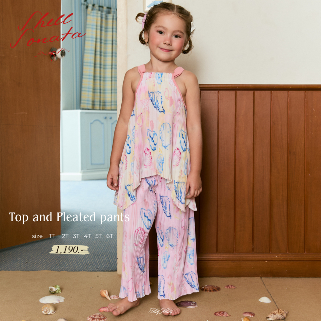 เซ็ทเสื้อแขนกุด กางเกงขายาวอัดพลีทลายเปลือกหอย เด็กผู้หญิง (สีชมพูพาสเทล) - Shell Sonata Collection