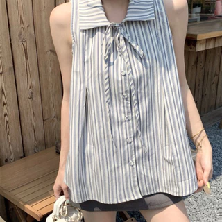 เสื้อแขนกุดคอปก ผ้าลายทาง ผูกโบว์หน้า สไตล์หวานเกาหลี โทนฟ้า-เทา