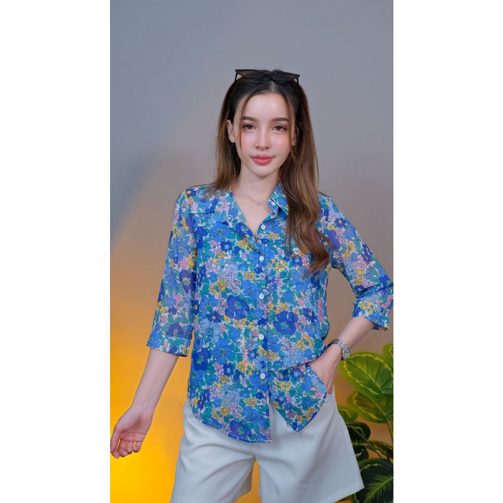 🔥Chanan☘️CN83 เสื้อเชิ๊ตคอปกชีฟองเนื้อทราย  แขนยาวปิดศอกลายดอกสวยๆ สีสดใส ทรงเป๊ะ  ใส่ออกงาน ใส่ทำงานได้สวยมากๆ 3ลาย