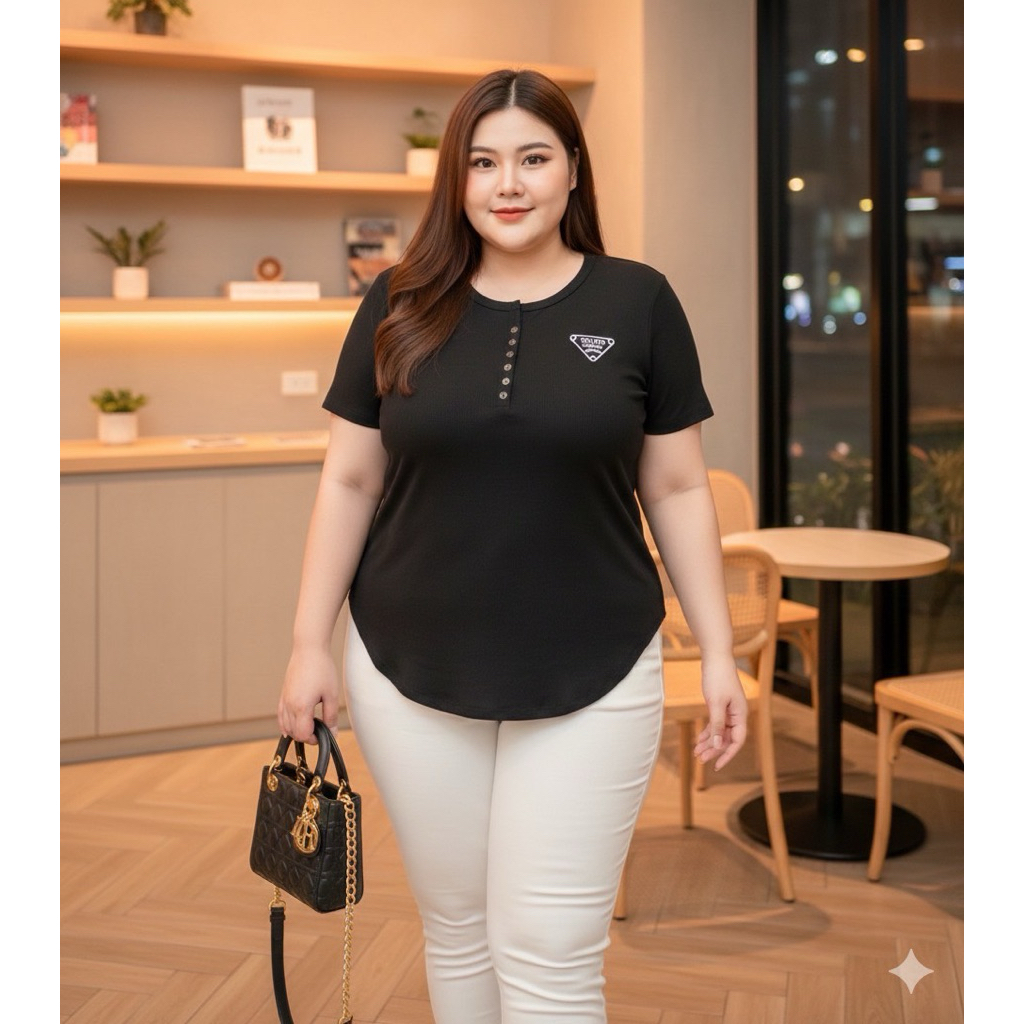 เสื้อยืดคอกระดุมชายโค้งสำหรับสาวอวบ ทรงสวยผ้ายูนิโคล่นุ่มๆ