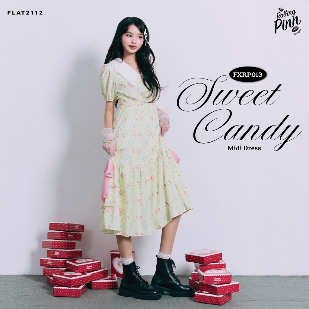FLAT2112 : SWEET CANDY MIDI DRESS เดรสยาวสีเขียวอ่อนพาสเทล เดรสลายดอก เดรสใส่เที่ยว เดรสหวาน (FXRP013)