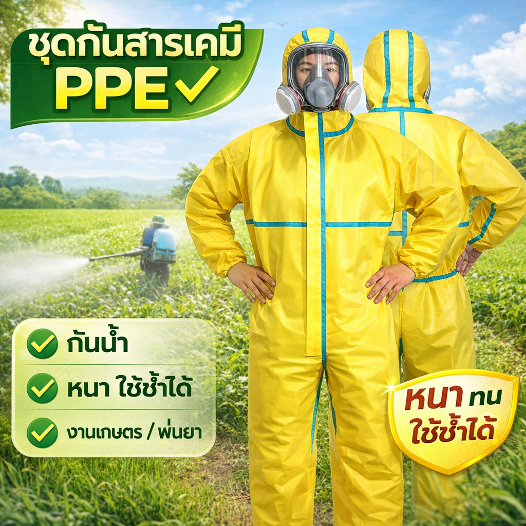 ชุดป้องกันสารเคมี PPE กันสารเคมี กันน้ำ หนา ใช้ซ้ำได้ ใส่พ่นยา งานเกษตร
