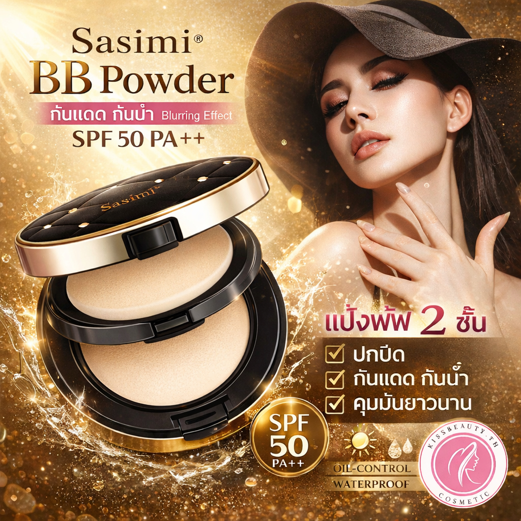 Sasimi BB Powder แป้งพัฟ ตลับแบบแป้ง 2 ชั้น ส่วนผสมของชิมเมอร์เนื้อละเอียดช่วยกระจายแสงที่ตกกระทบผิว