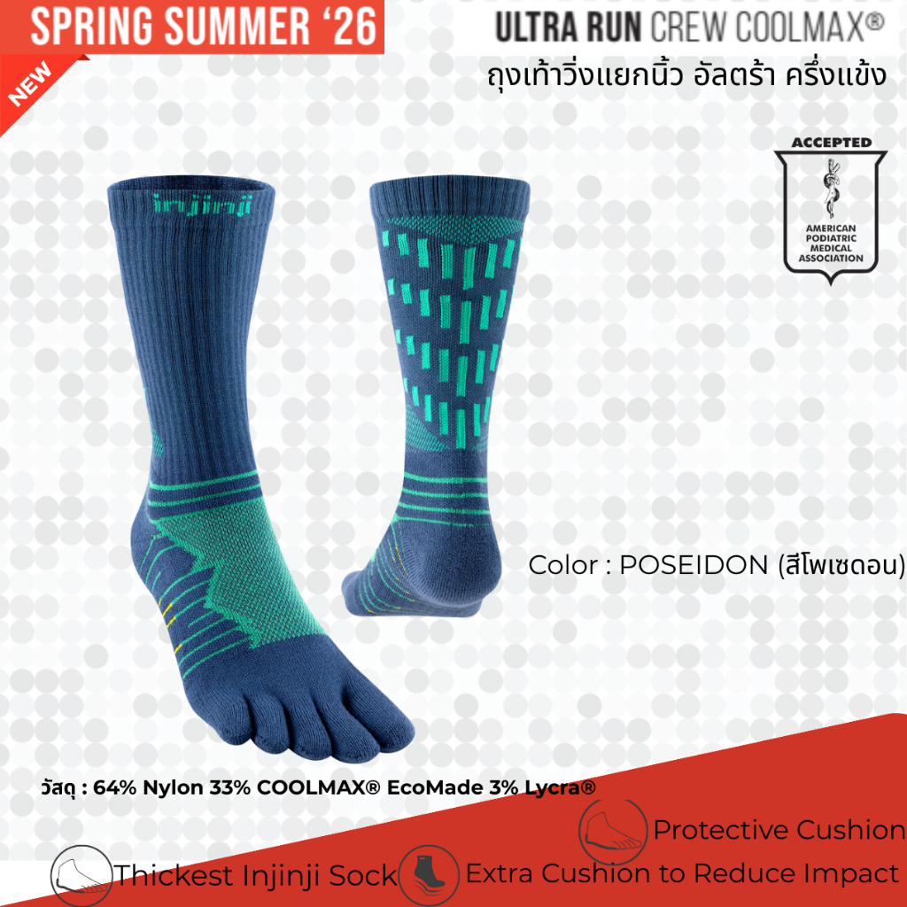 INJINJI ถุงเท้าวิ่งแยกนิ้ว  ULTRA RUN MIDWEIGHT CREW COOLMAX POSEIDON รุ่นอัลตร้า สีฟ้าโพเซดอน ยาวครึ่งแข้ง