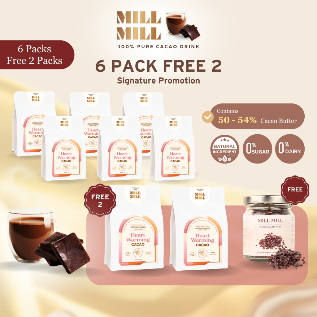 Mill Mill Heart Warming โปร 6 ถุง คาเคา บาร์ ชงดื่ม คาเคาบริสุทธิ์100% ไม่ผ่านความร้อนสูง คาเคา แมส 