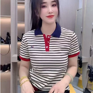 เสื้อโปโลแขนสั้นลายทางปักลายแฟชั่นใหม่ปี 2026 สำหรับฤดูร้อน ไซส์ใหญ่ ทรงหลวม สไตล์เกาหลี ใส่ได้หลายโอกาส เสื้อแฟชั่นเฉพา