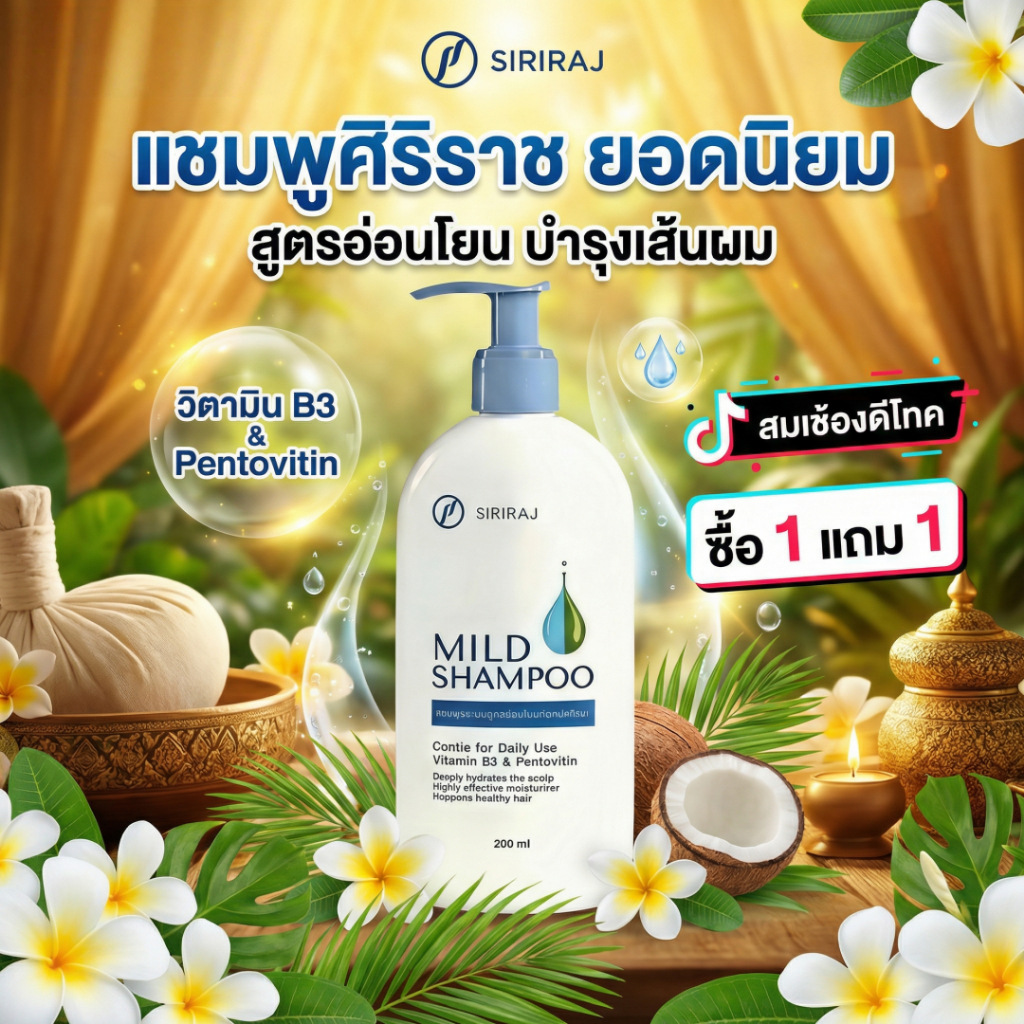 แชมพูสูตรอ่อนโยน ไม่มีซิลิโคน ศิริราช มายด์ แชมพู (หัวปั้ม)  200 มล.