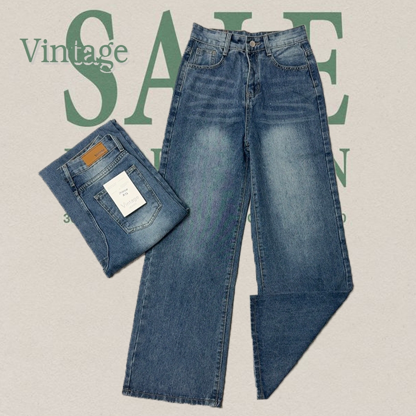Vintage รุ่น #208 กางเกงยีนส์ สีฟ้าเข้ม ทรงกระบอก แต่งเฟดขา ทรงสวยผ้าไม่ยืด
