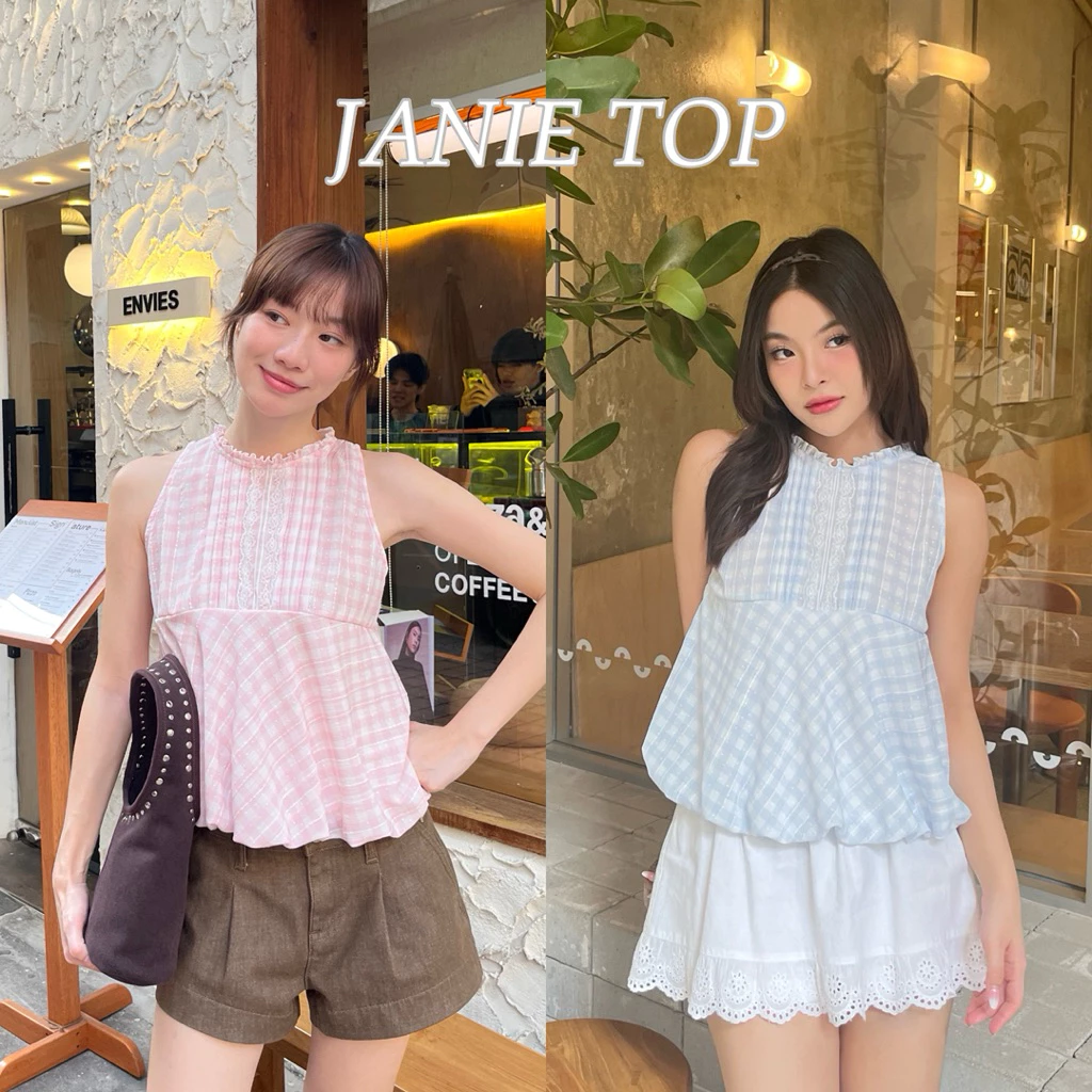 JANIE TOP - เสื้อแขนกุดลายสก็อต ปลายเสื้อบอลลูน (nita.bkk)