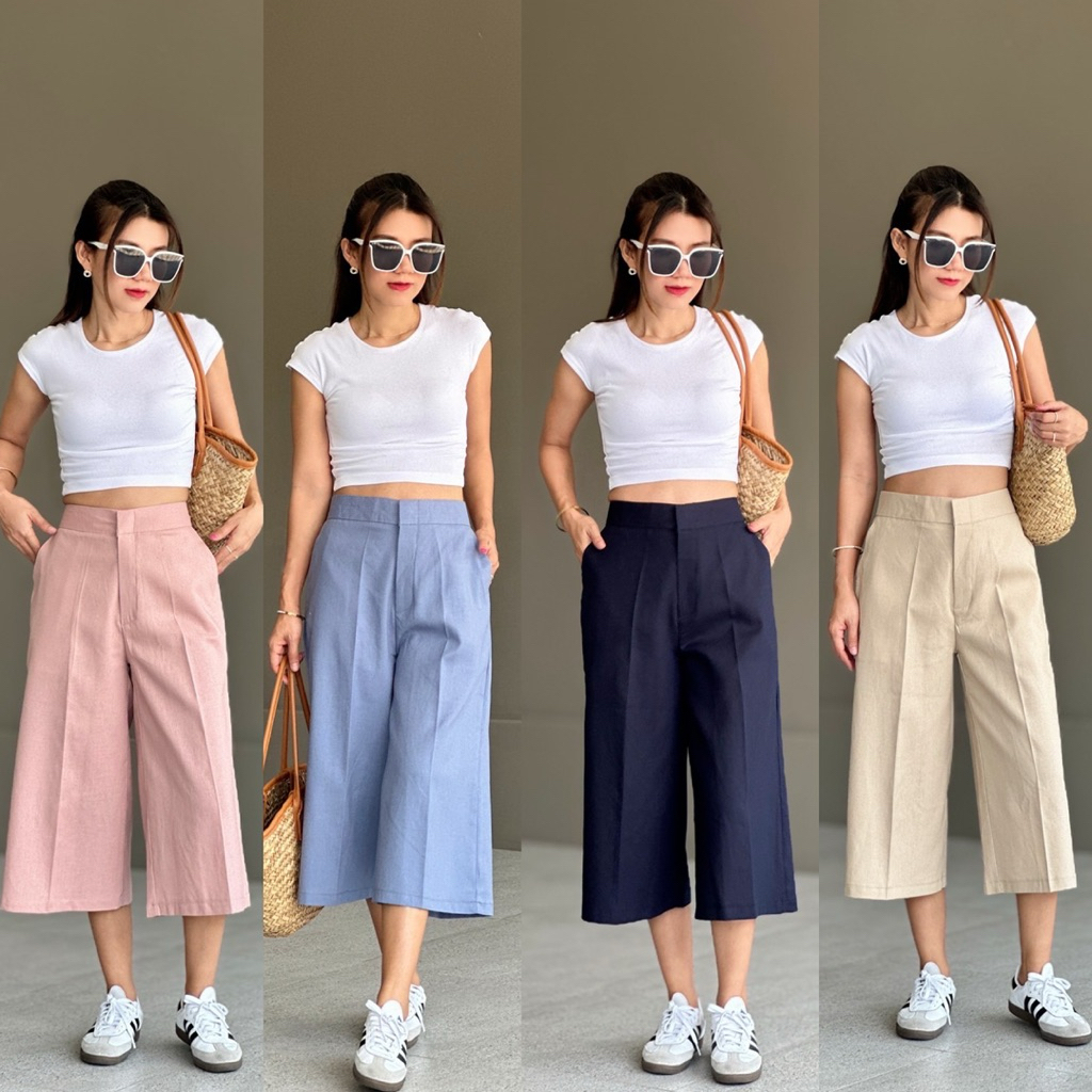 กางเกงลินินตะขอหน้าทรง4 ส่วนขากระบอกเอวหลังสม็อคเก็บทรงสวย✅