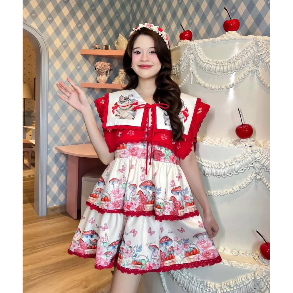 BLT Brand 💥ตรงปกสีขาวสีซึมจากปกแดง ขอคนรับได้)💥 เดรสปกปักสองชั้น Size.S มือ ✌️