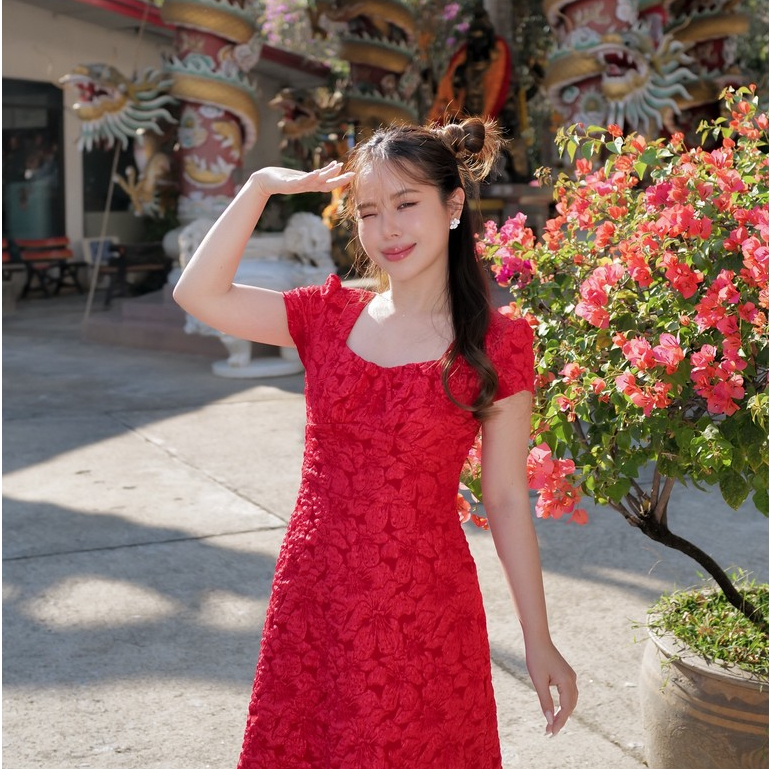 MyWay Brand : Dress - Babe Bowie - Flower Red เดรสออกงานสีแดงสด ไม่ต้องเผื่อไซส์นะคะ