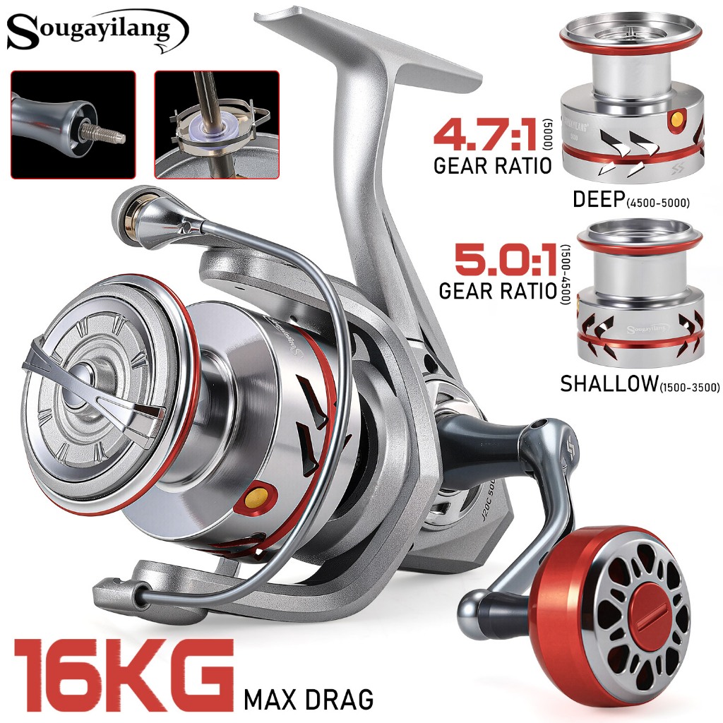 Sougayilang 1500-5000 หมุนรีลประมงอลูมิเนียมสปอลหมุนรีลประมง 5.0: 1 อัตราส่วนเกียร์รีลพร้อมโฟลเดอร์จับลากสูงสุด 16 กก