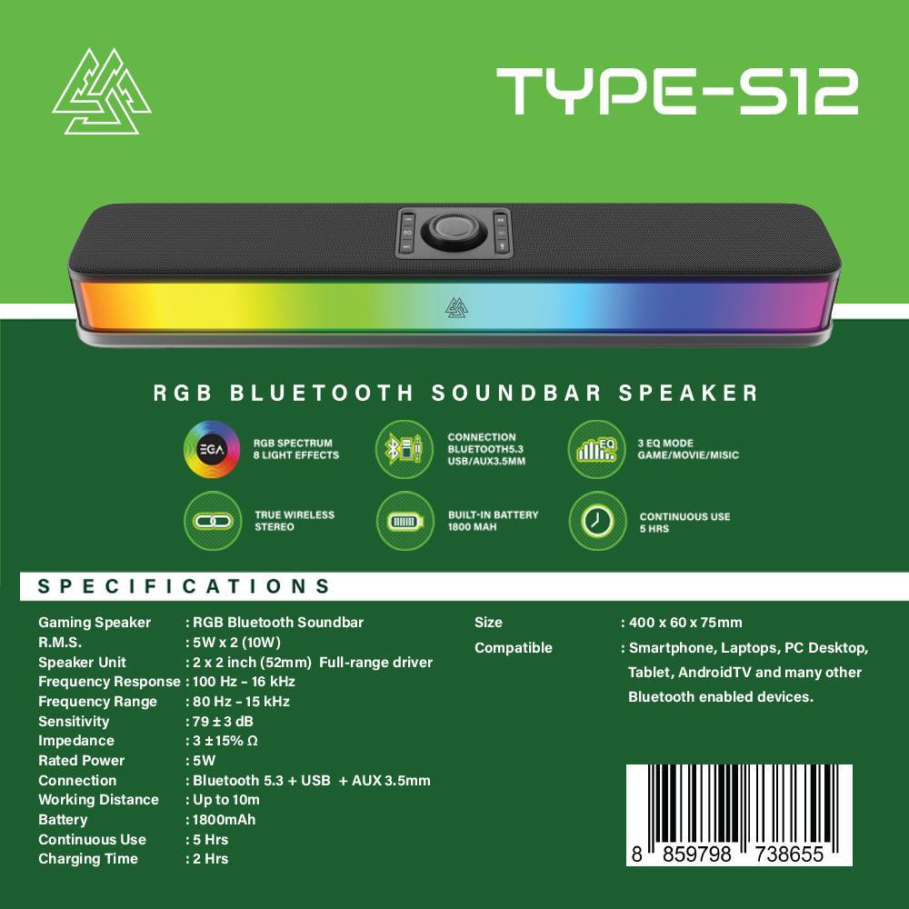 มีส่งด่วน EGA TYPE S12 RGB bluetooth Soundbar speaker