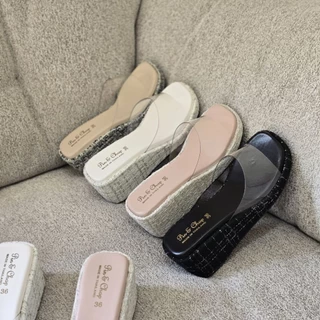 🍃🍂OHODOODEE🍂🍃 รองเท้าส้นเตารีดสูง หน้าสวมใส ด้านข้างผ้าทวิต สูง 3 นิ้ว ( CH001 ) พร้อมส่ง 💗