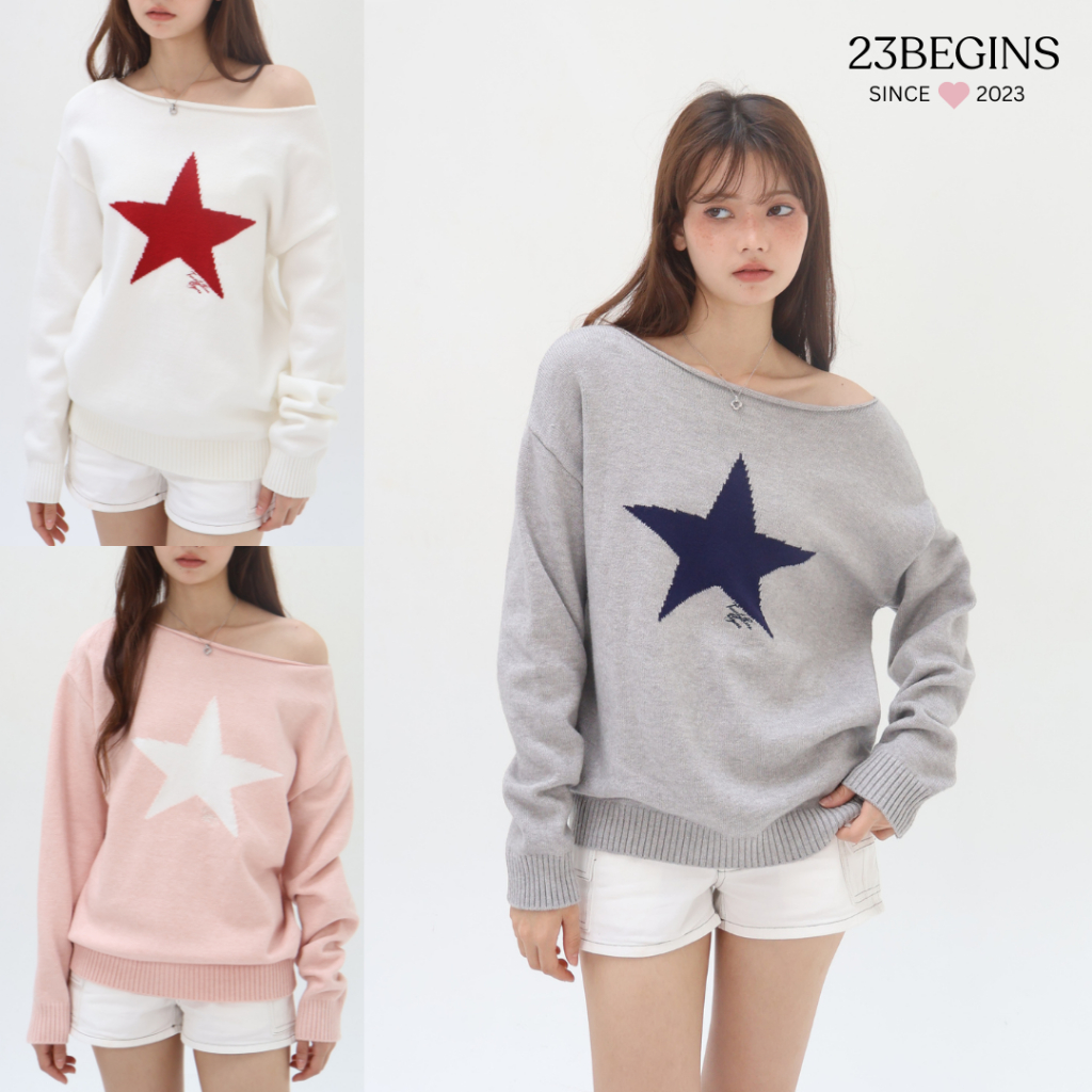 (พร้อมส่ง) Starlight Off Shoulder เสื้อปาดไหล่ไหมพรม ผ้านิ่ม เสื้อปาดไหล่ดาว (4210)