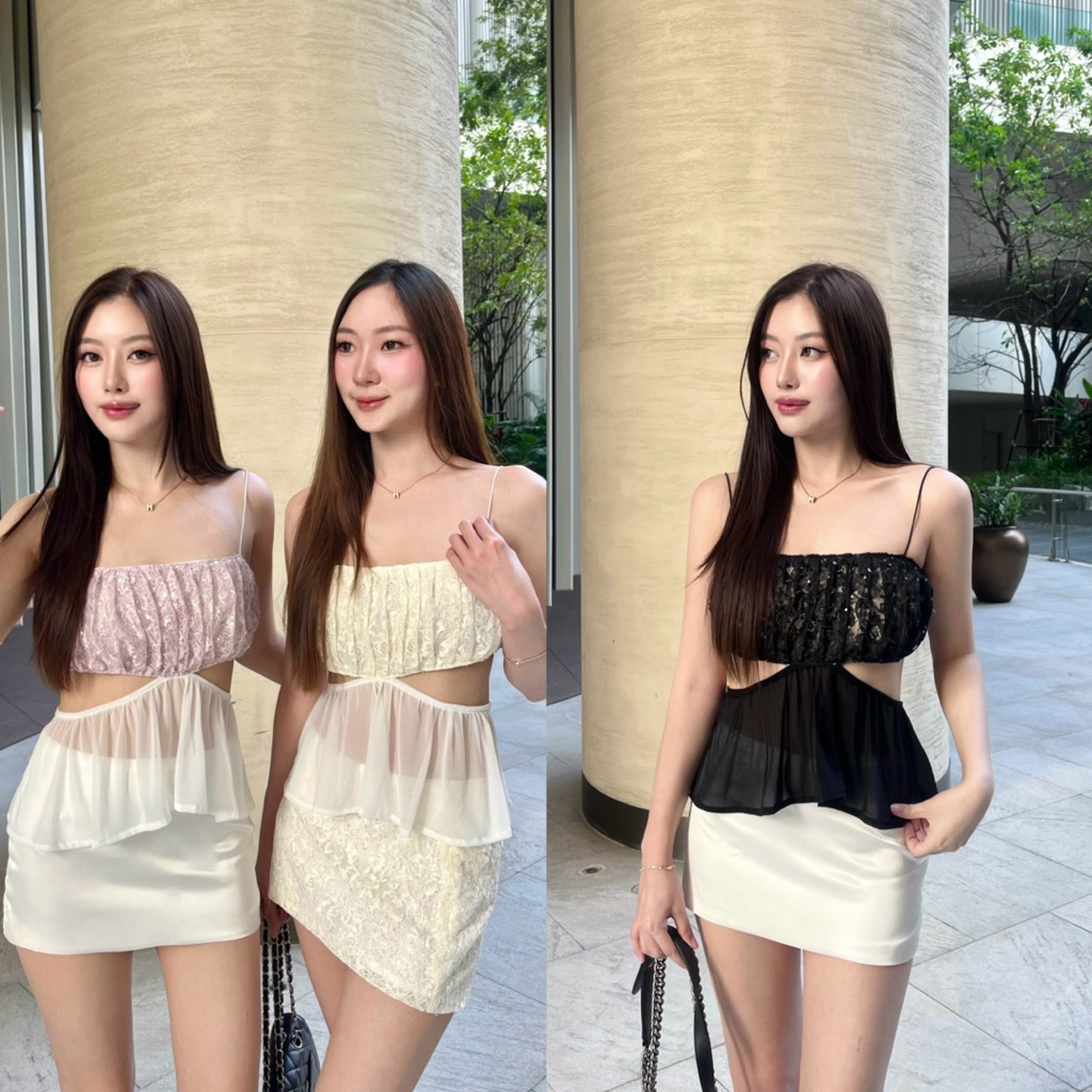 Peony top by shewear.bkk เสื้อสายเดี่ยวลูกไม้กลิตเตอร์ เว้าเอวซีทรู