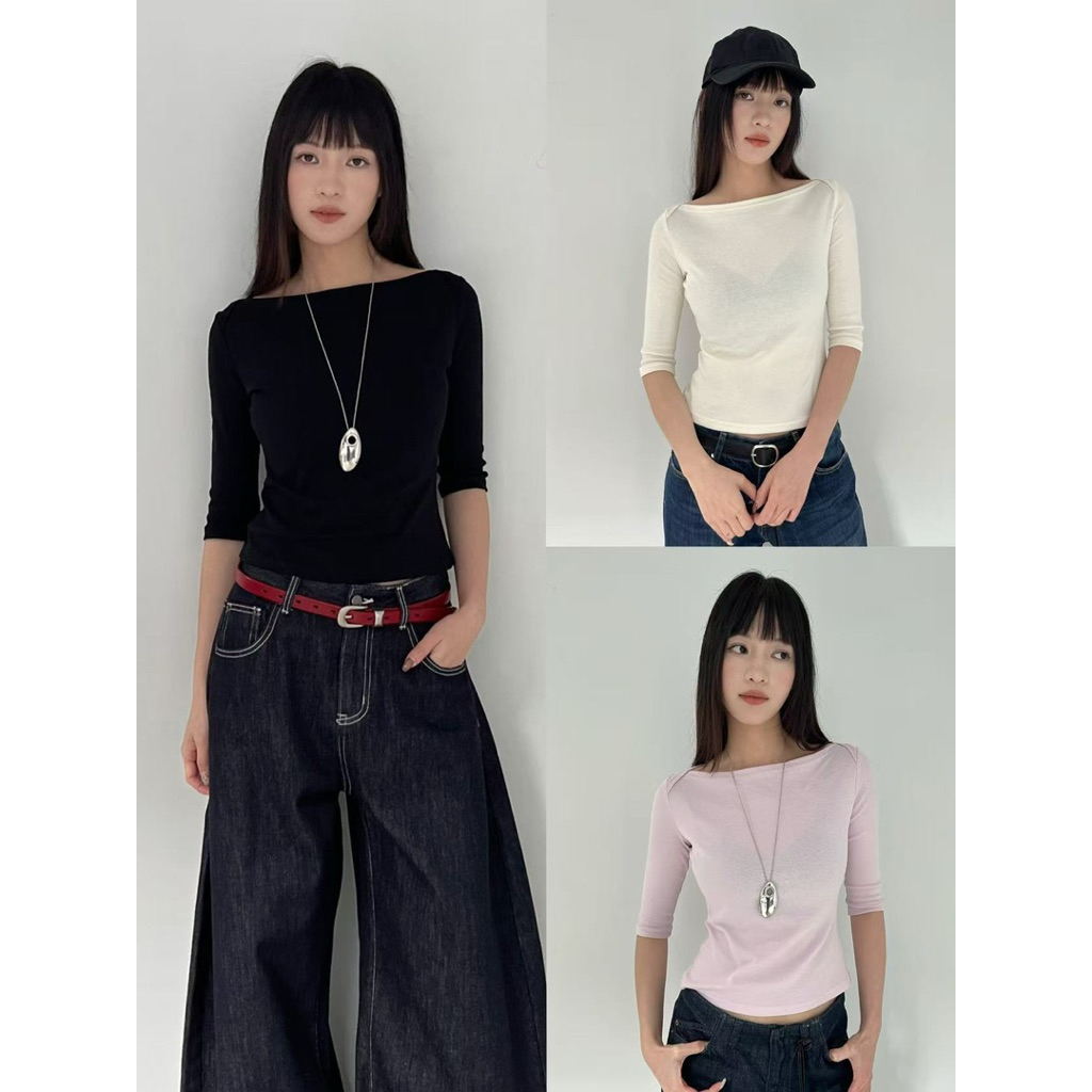 cpjgirlxx | Mardi Slim Top - 5สี เสื้อยืดคอปาดแขนสามส่วน