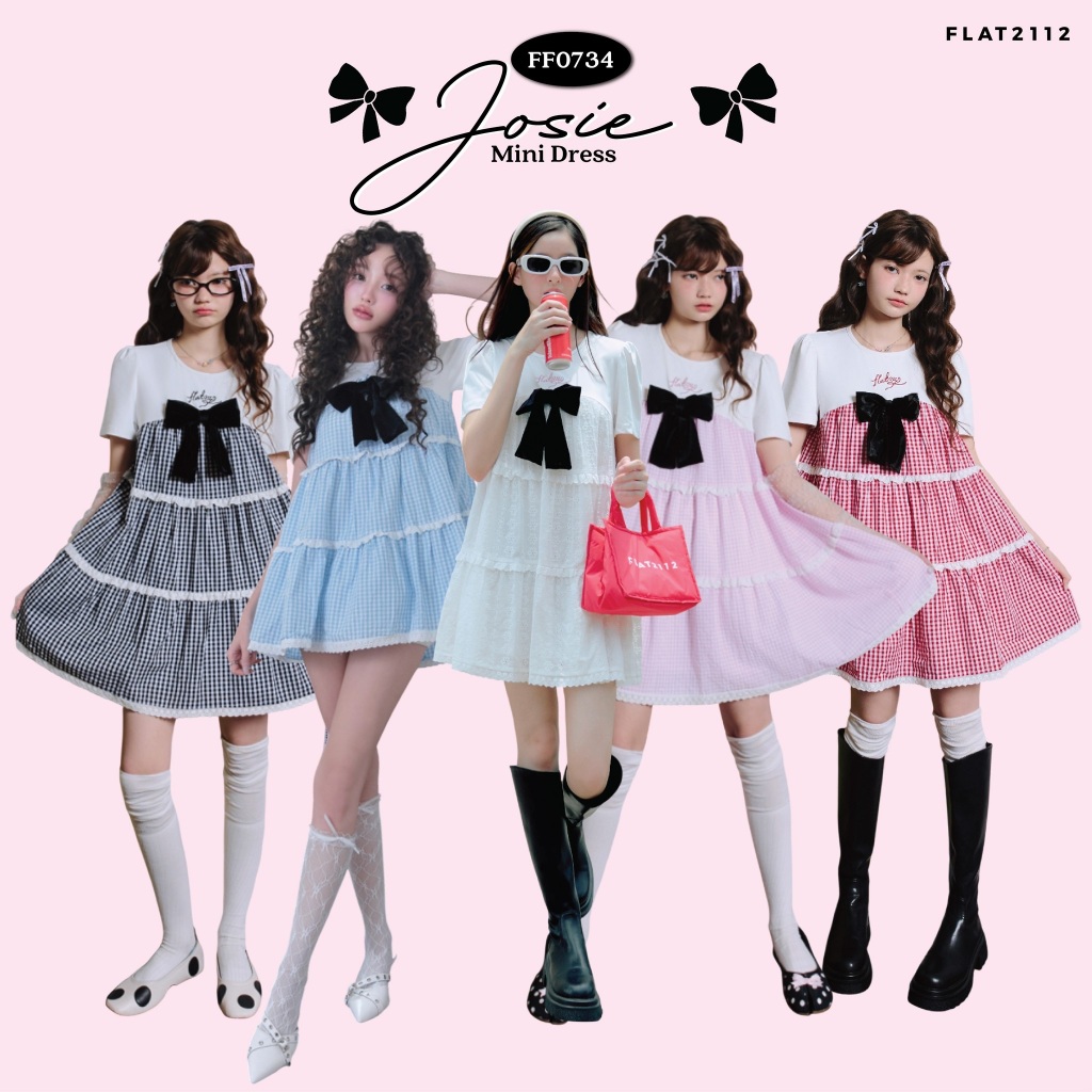 FLAT2112 : JOSIE MINI DRESS มินิเดรส แขนสั้น แต่งโบว์ (FF0734)