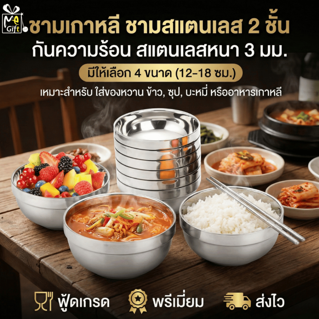 ชามเกาหลี ชามสแตนเลส2ชั้น กันความร้อน รุ่นหนา3มิล สำหรับ ใส่ของหวาน ข้าว ซุป บะหมี่ เครื่องเคียง หรืออาหารเกาหลีต่างๆ