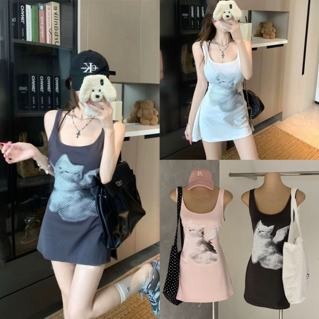 (พร้อมส่ง) เดรสกล้ามสกรีนลายช่วงอกรุ่น 8828 TAG WG.WE 🇰🇷