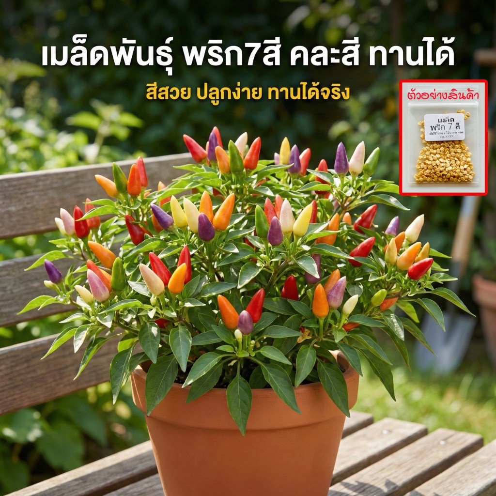 เมล็ดพันธุ์พริกเจ็ดสี พริกสายรุ้ง ประดับได้ ทานได้เผ็ดมาก 30-70 เมล็ด ผลดก เก็บขายไว (ซื้อ 10 แถม 1 )
