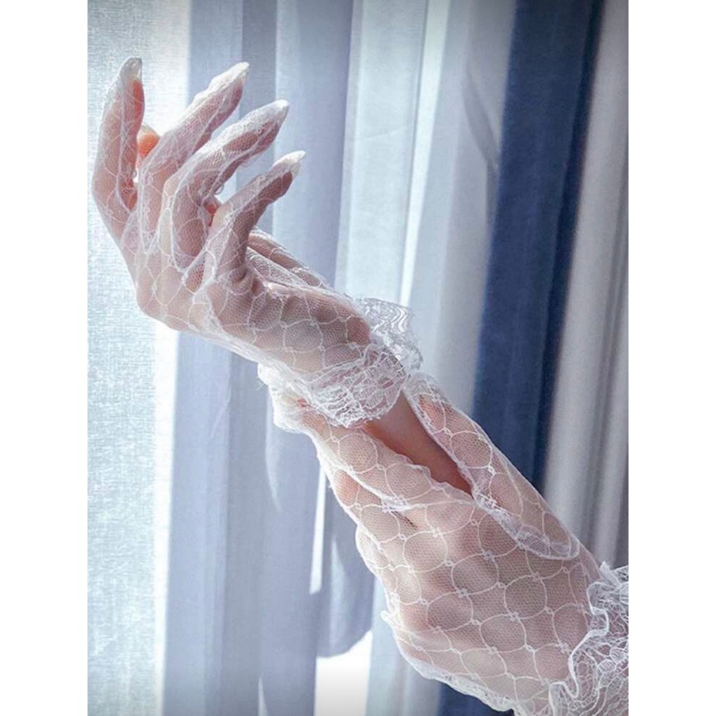ถุงมือสั้นสีขาว ถุงมือลูกไม้ รุ่นที่ 14 พร้อมส่งจากไทยน้า