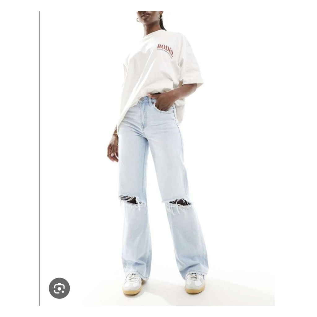 Stardivarius D92 Straight Ripped Jeans กางเกงทรงกระบอกแต่งขาดเข่า สีฟอกซีด