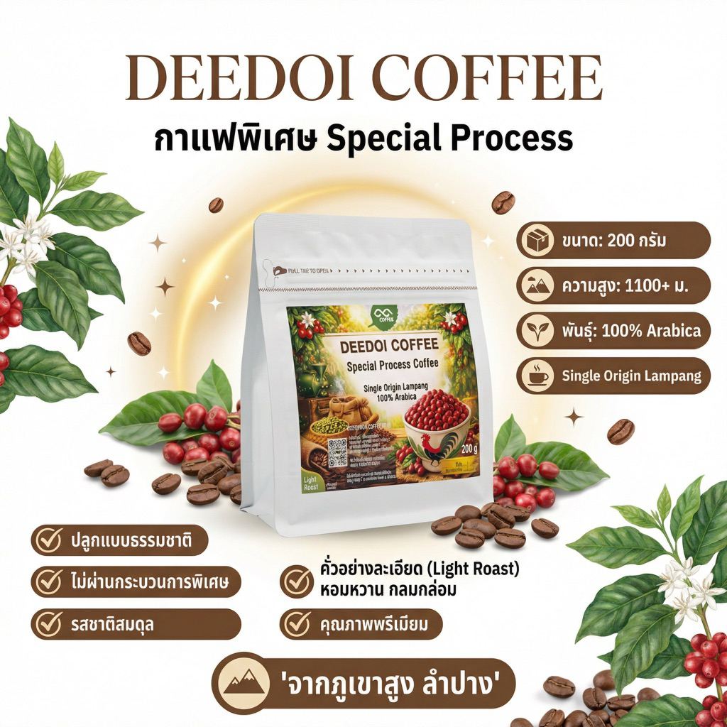 DEEDOI COFFEE กาแฟคั่วพิเศษ จากดอยแม่จอก ลำปาง | Arabica 100% | Special Process 200g
