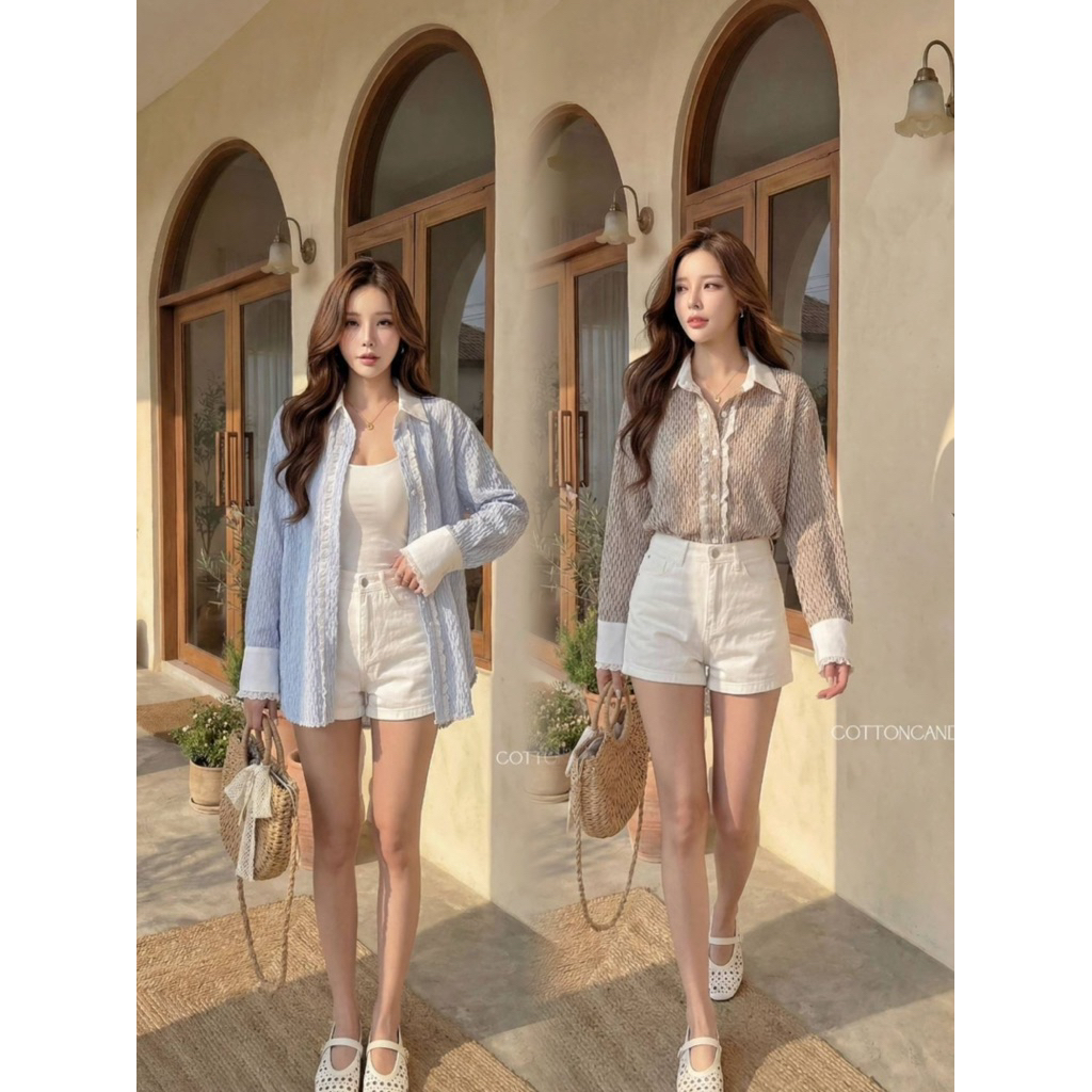 #Cotton Candy🍭เสื้อเชิ้ต ฟ้า/น้ำตาล New Ladda korea sweet