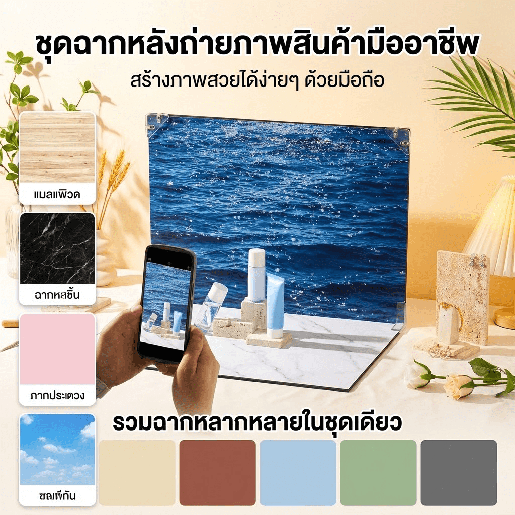 ฉากถ่ายรูปสินค้าและอาหารแบบครบเซ็ต พร้อมพื้นหลังกระดาษและฉากจำลอง สำหรับงานถ่ายภาพทุกประเภท