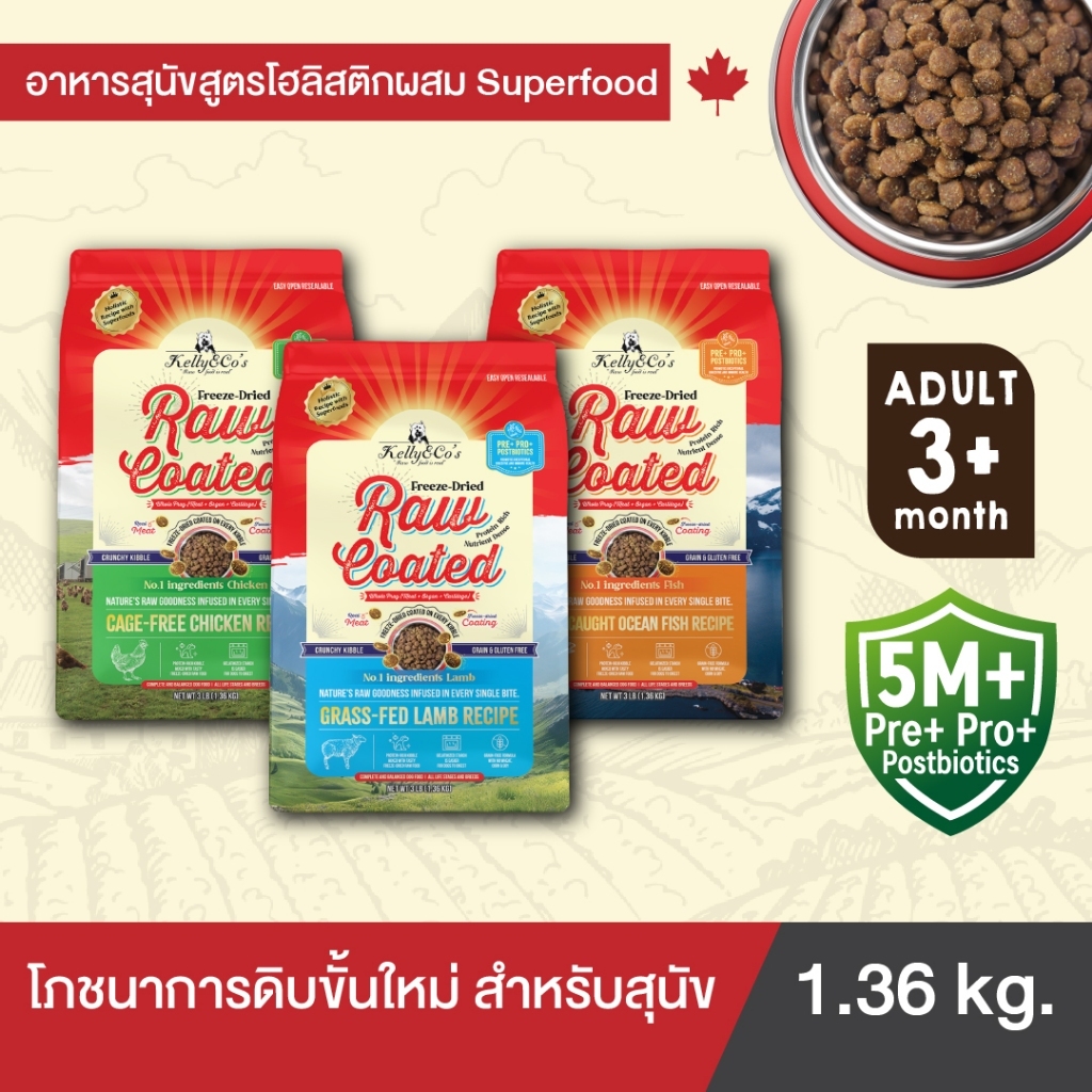 เคลลี่แอนด์โค รอว์โค็ต อาหารสุนัขเม็ดเคลือบฟรีซดราย (Grain-Free) ขนาด 1.36 กก.