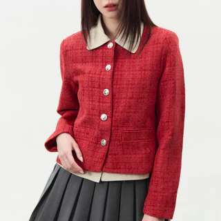 Bemingtop1102(XS-3XL)-BMG Tweed Blazer - เสื้อเบลเซอร์แขนยาวคอกลม ดีไซน์กระดุมหน้าผ้าทวีต