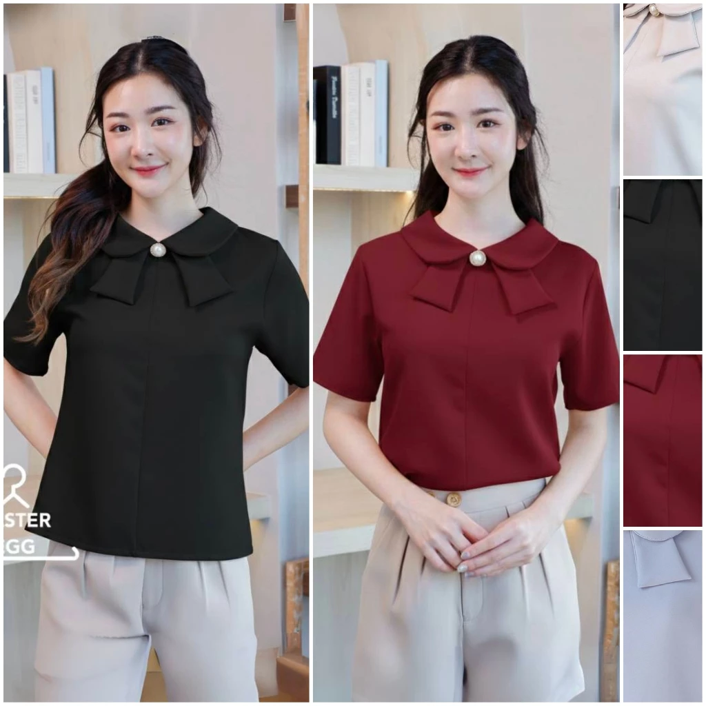 F16 เสื้อทํางานผู้หญิง คอปก แต่งกระดุม แมชสีน่ารัก สวยเก๋ไม่ซ้ำใคร เสื้อดำ เสื้อแดง Easter Egg