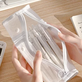โปร่งใสตาข่ายดินสอขนาดใหญ่ความจุ Flip-Top สีทึบผู้ถือปากกาแบบพกพาเครื่องเขียนเก็บกระเป๋า
