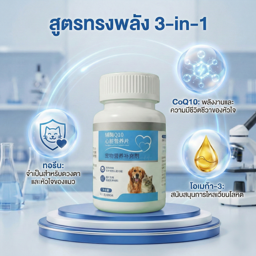 PetClear CoQ10 วิตามินบำรุงหัวใจ สุนัขและแมว (300 เม็ด) ผสมทอรีน + Omega-3 | ช่วยระบบไหลเวียนเลือด ล