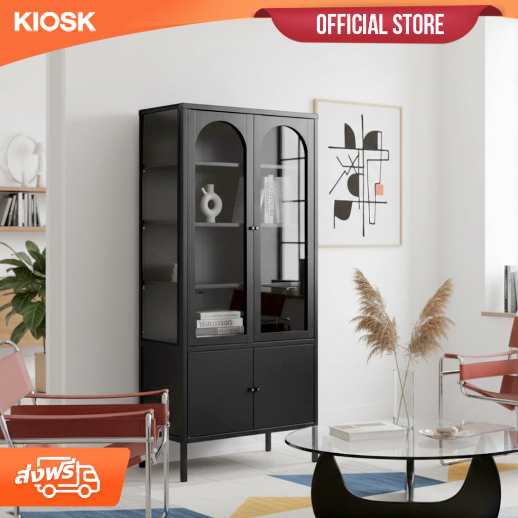 [จัดส่งพร้อมติดตั้งฟรี] KIOSKตู้โชว์ 4ชั้น พร้อม1ช่องบานเปิด ทรงสูงรุ่น Sleek พร้อมกระจกใสมุมโค้ง