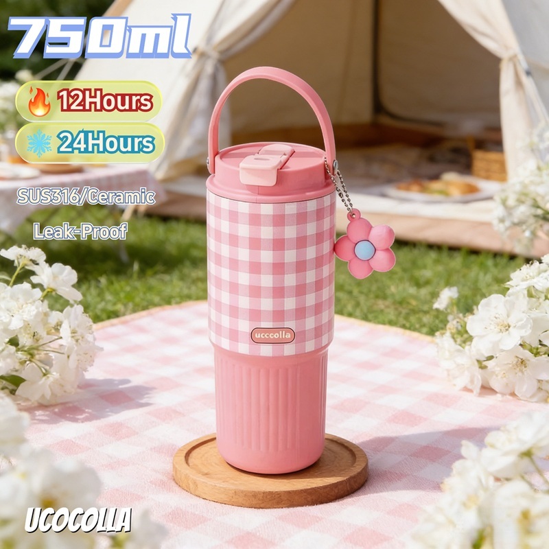 UCOCOLLA แก้วน้ำสแตนเลส ผนังด้านในเคลือบด้วยเซรามิก 750ml แก้วเก็บความเย็น ฝาปิดแน่น มีช่องดูดและดื่ม ฐานยางกันลื่น