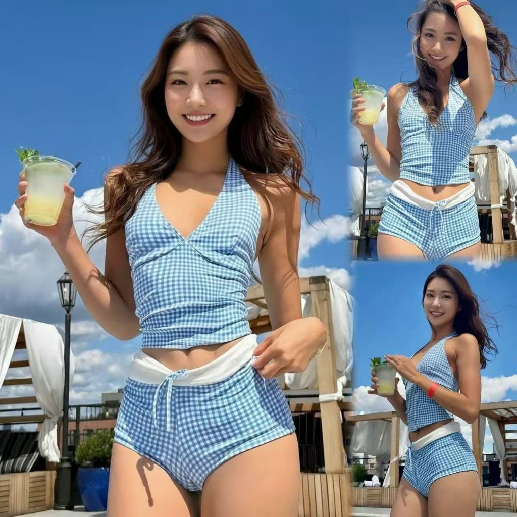 🌸พร้อ​มส่ง🌸Sexy bikini ชุดว่ายน้ำทูพีช ลายสก๊อต คอวีลึก เว้าหลัง รุ่นใหม่ beach