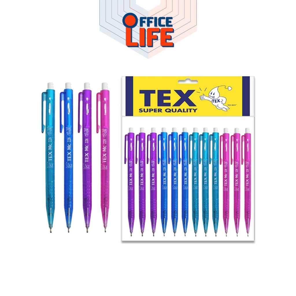TEX (เท็กซ์) ปากกาลูกลื่น ปากกา รุ่น MC228 ด้ามใส หมึกน้ำเงิน ขนาด 0.7 mm.  ( 12 ด้าม / แพ็ค คละสีด้