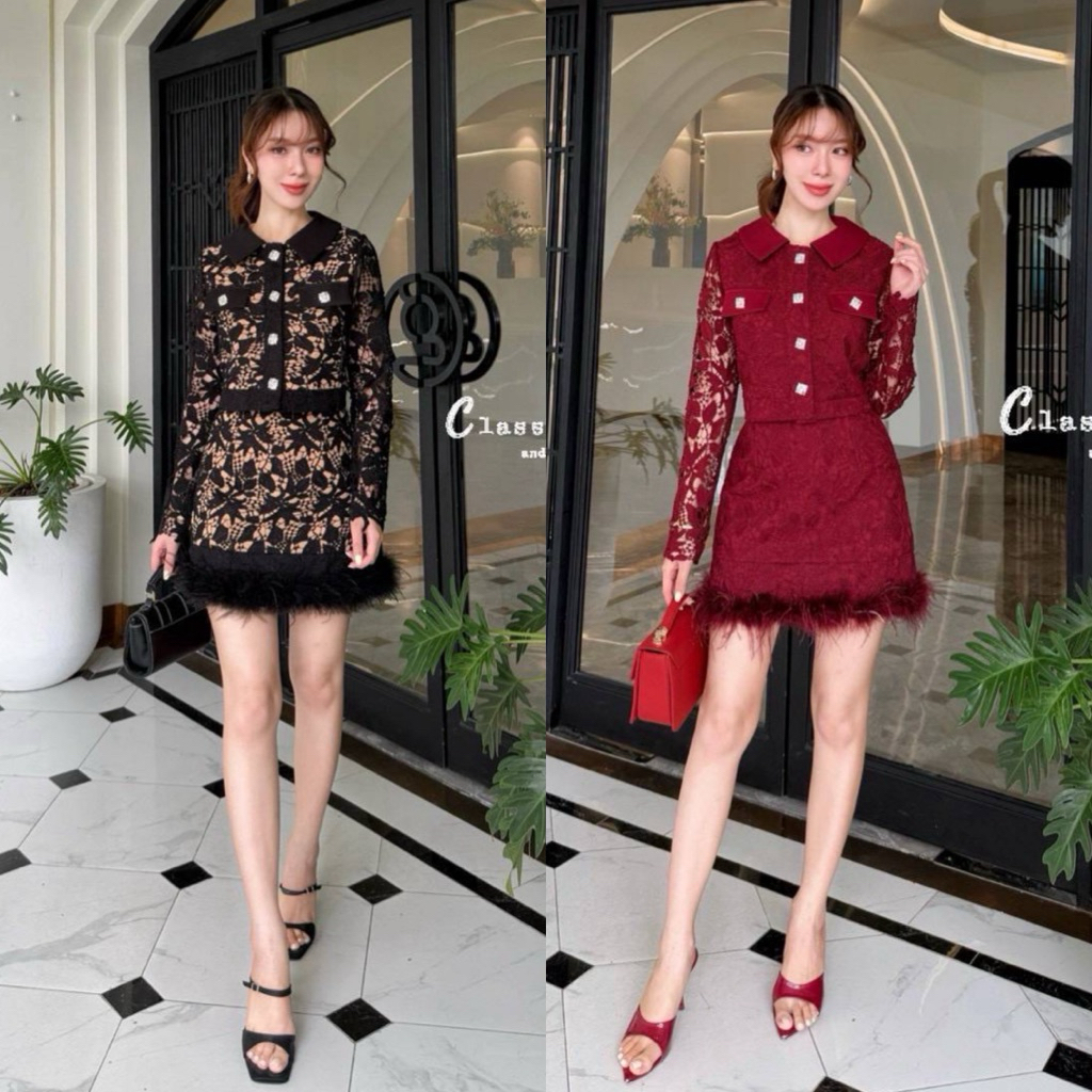 Set เสื้อผ้าลูกไม้คอปกแขนยาว+ กระโปรงเอวบนผ้าลูกไม้แต่งขนนก