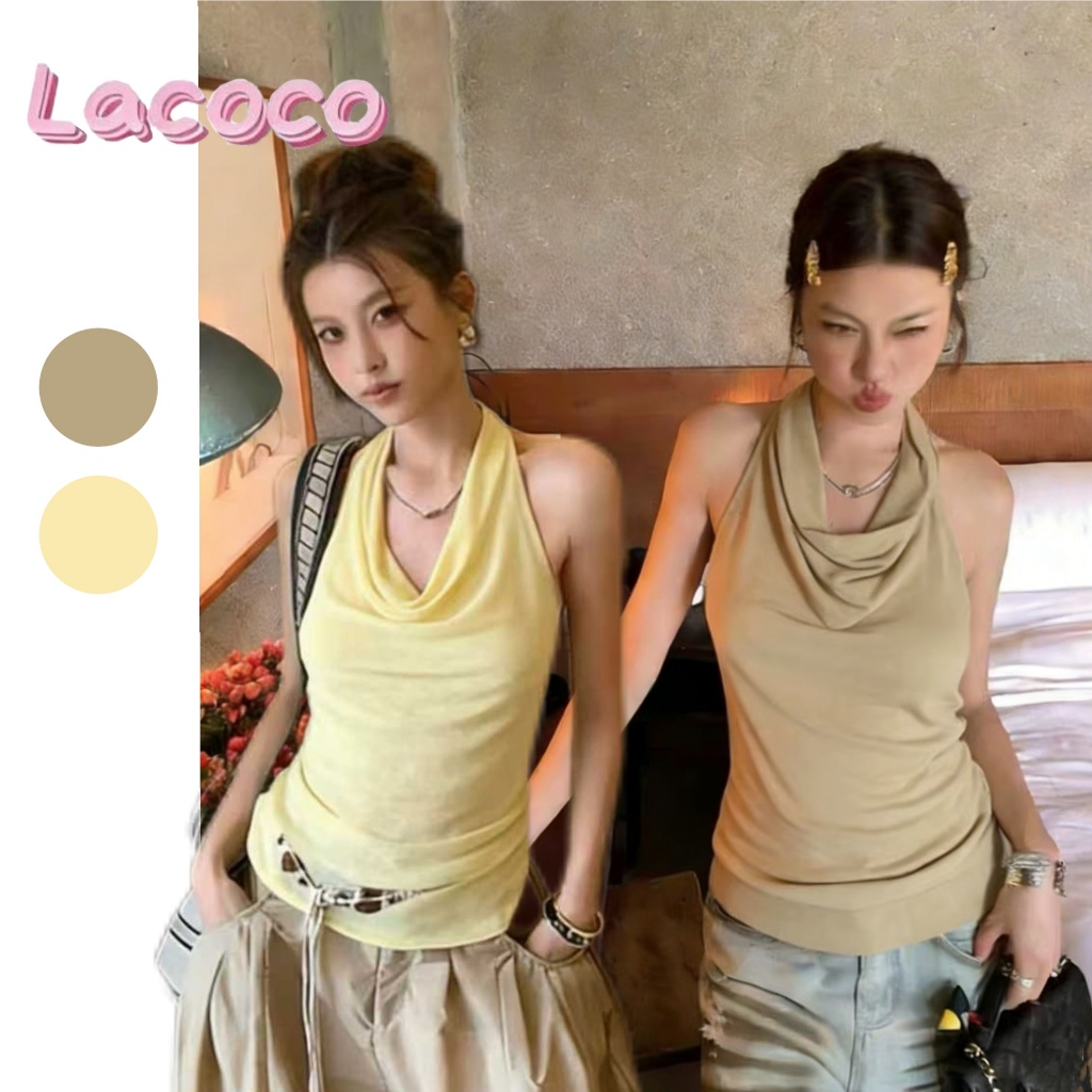 Lacoco คลังสินค้าพร้อม เสื้อครอปผู้หญิงฤดูร้อนปี 2026 ดีไซน์ใหม่ เซ็กซี่ เปิดหลัง คอผูกเชือกแบบคล้องคอ
