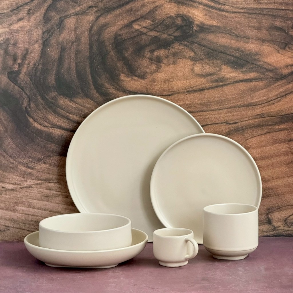 เซ็ตจานชามแก้วเซรามิค Dinnerware Set Ceramic สีครีมด้าน Plate Bowl Mug เข้าไมโครเวฟได้ - AT1CERAMIC