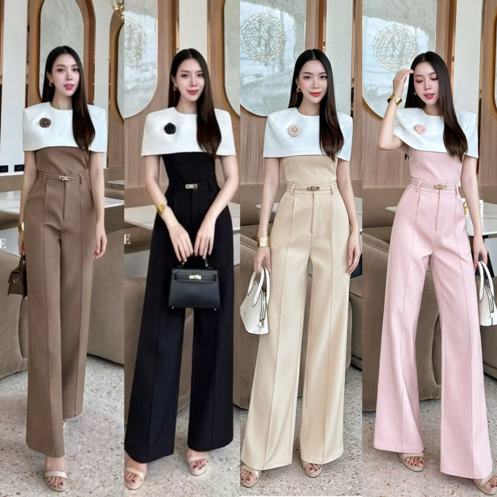 พร้อมส่ง•LA LA BELLE•เซต4ชิ้นผ้าสูททูโทนเสื้อทรงคลุมไหล่ +เข็มกลัดดอกไม้+กางเกงขายาว+เข็มขัดเข้าชุดสีเดียว