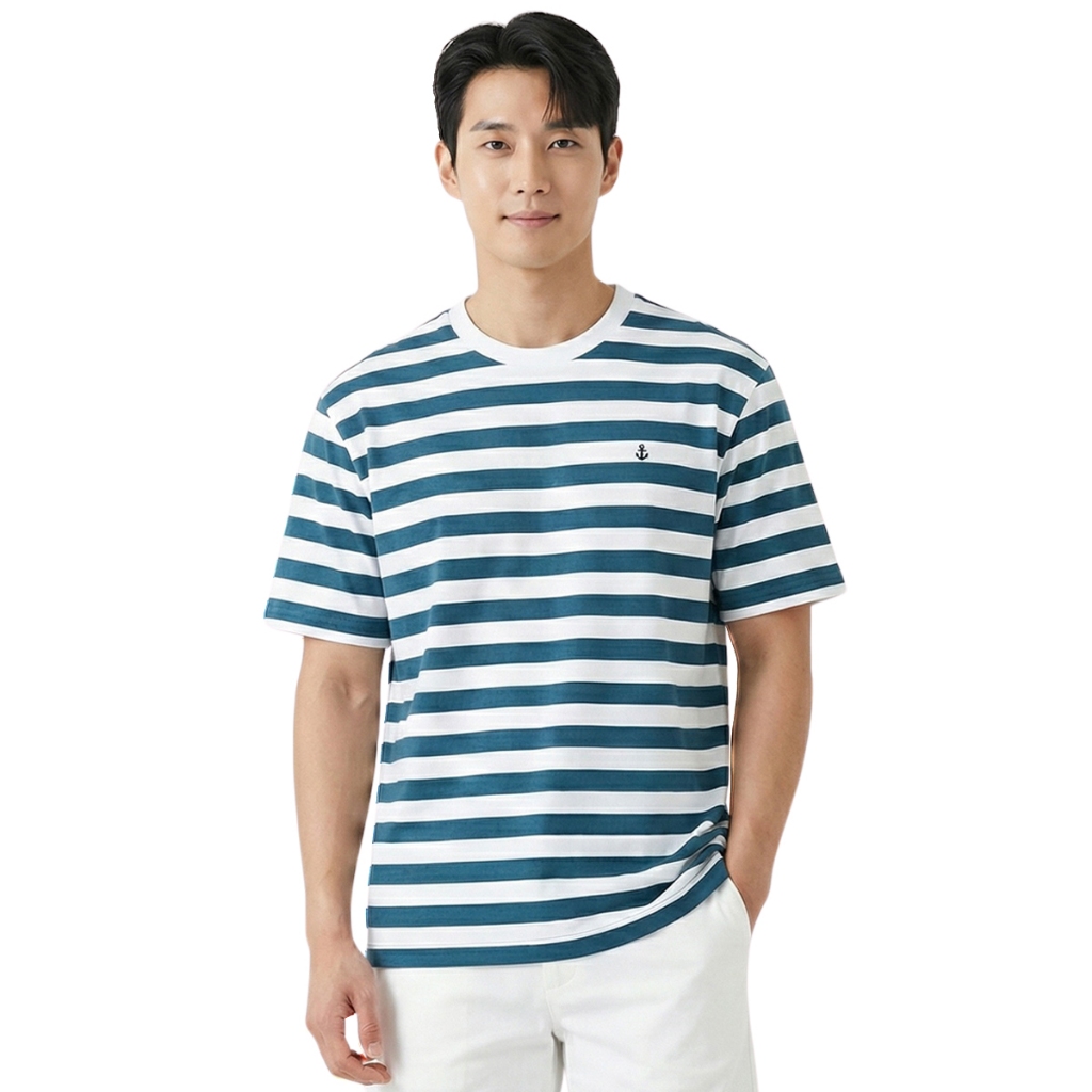 * One Price * PORTLAND เสื้อยืดผู้ชาย ลายริ้ม คอกลม สีเขียวเข้ม / Embroidered Striped T-Shir (Green)