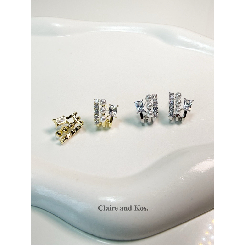 Claire&Kos - Pearl Prism Stud💎📿ต่างหูคริสตัล+มุก (คล้ายear cuff)