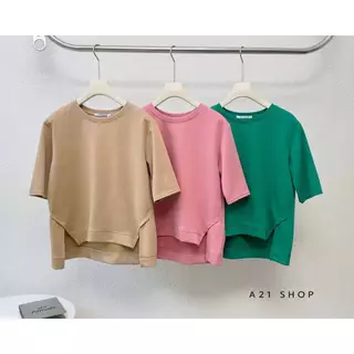 A405 เสื้อยืดคอกลมผ่าเฉียงแต่งขอบ หน้าสั้น - หลังยาว
