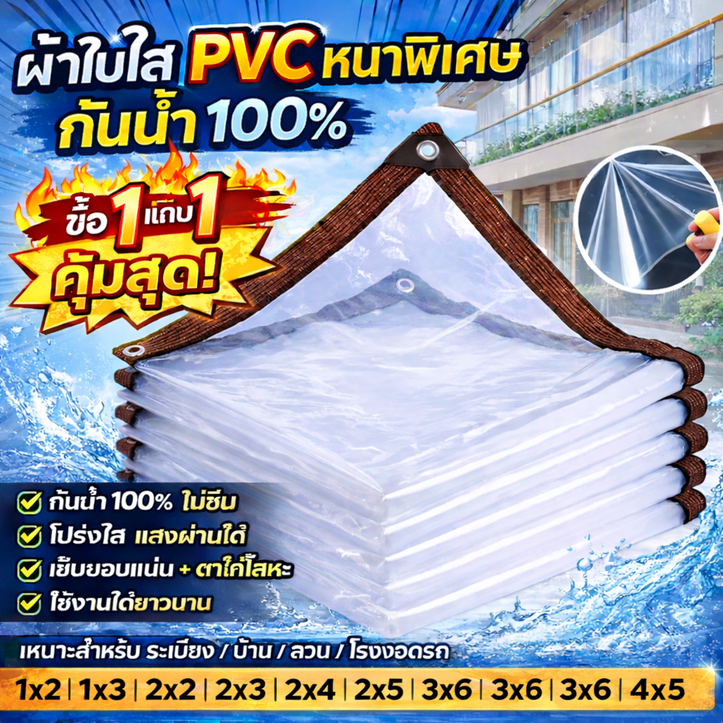 พลาสติกใส PVC กันน้ำ 100% ผ้าใบใสมีตาไก่โลหะ ขอบเย็บแน่น กันแดดกันฝน ใช้งานกลางแจ้ง ระเบียง บ้าน สวน โรงจอดรถ ร้านค้า