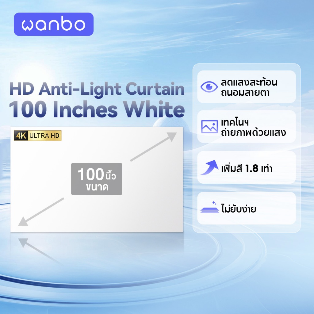 [NEW] Wanbo HD Anti-Light Curtain Projector Screen White 100นิ้ว จอโปรเจคเตอร์ จอโปรเจคเตอร์ความสว่างสูง เพิ่มสี 1.8 เท่