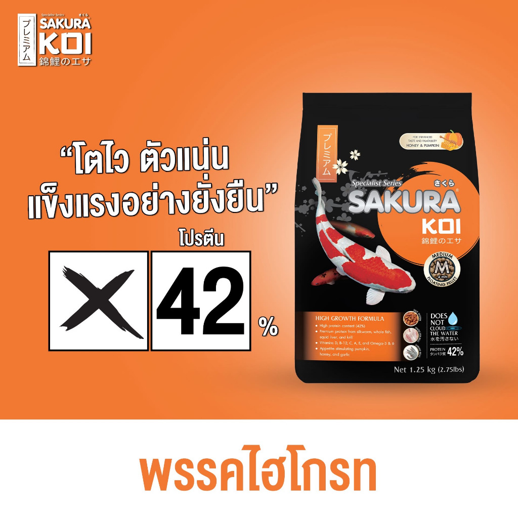 💥อาหารปลาคาร์ฟซากุระโค่ย สูตรเร่งโตเร่งขาว ขนาด 1.25 kg. ( SAKURA GROWTH & PERFECT WHITE FORMULA )